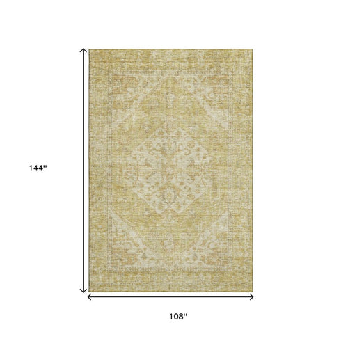 9' X 12' Gold And Beige Medallion Washable Area Rug With UV Protection