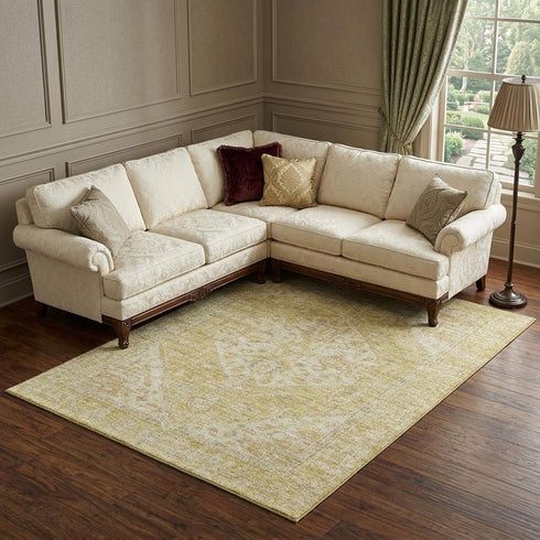 9' X 12' Gold And Beige Medallion Washable Area Rug With UV Protection