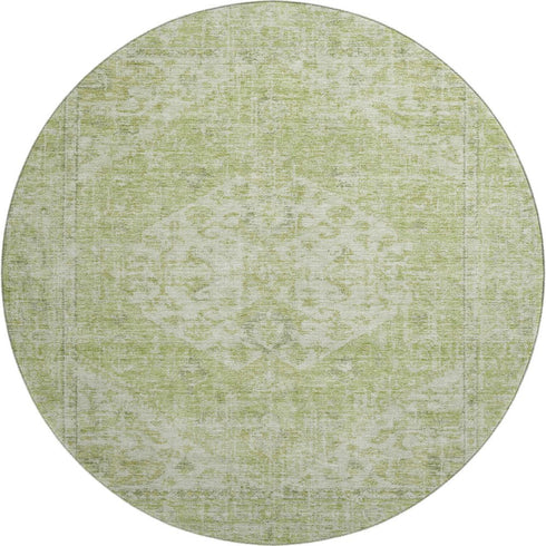 8' Sage And Beige Medallion Washable Round Rug With UV Protection