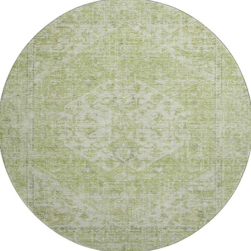 8' Sage And Beige Medallion Washable Round Rug With UV Protection