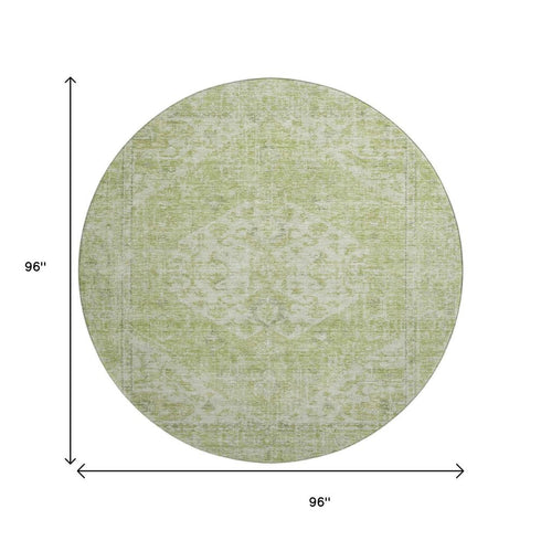 8' Sage And Beige Medallion Washable Round Rug With UV Protection