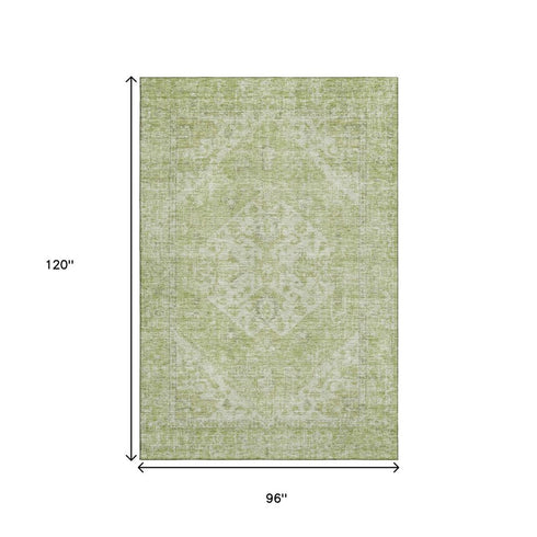 8' X 10' Sage And Beige Medallion Washable Area Rug With UV Protection