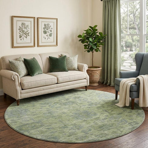8' Artichoke Green And Gray Damask Washable Round Rug With UV Protection