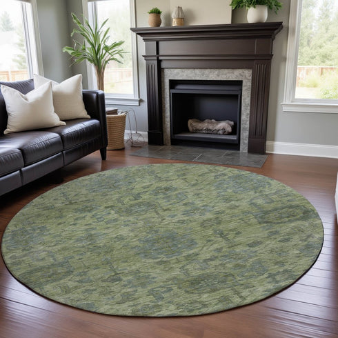 8' Artichoke Green And Gray Damask Washable Round Rug With UV Protection