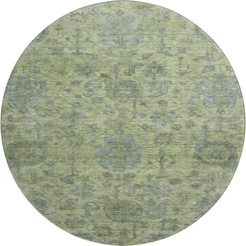 8' Artichoke Green And Gray Damask Washable Round Rug With UV Protection