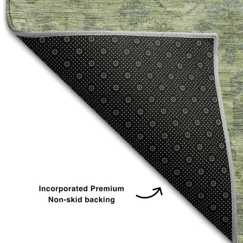8' Artichoke Green And Gray Damask Washable Round Rug With UV Protection