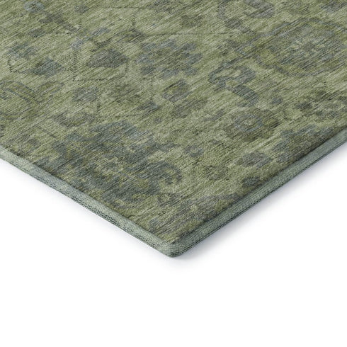 8' Artichoke Green And Gray Damask Washable Round Rug With UV Protection