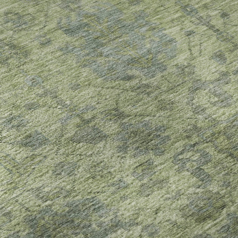 8' Artichoke Green And Gray Damask Washable Round Rug With UV Protection