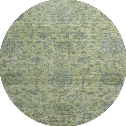 8' Artichoke Green And Gray Damask Washable Round Rug With UV Protection