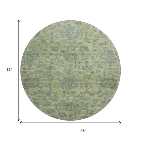 8' Artichoke Green And Gray Damask Washable Round Rug With UV Protection
