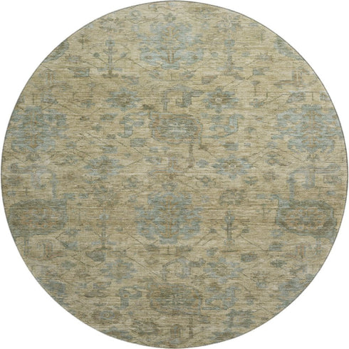 8' Beige And Gray Damask Washable Round Rug With UV Protection