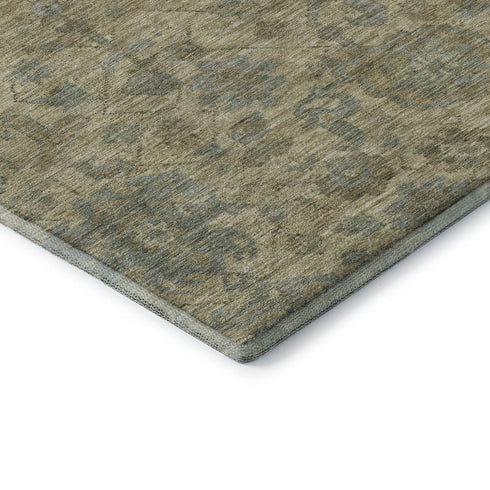 8' Beige And Gray Damask Washable Round Rug With UV Protection