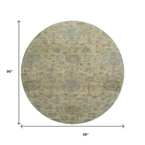 8' Beige And Gray Damask Washable Round Rug With UV Protection