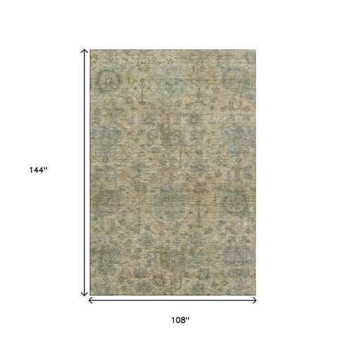 9' X 12' Beige And Gray Damask Washable Area Rug With UV Protection