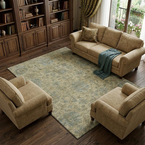 9' X 12' Beige And Gray Damask Washable Area Rug With UV Protection
