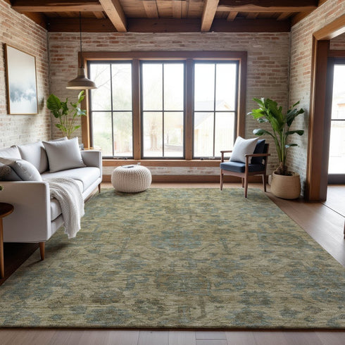 9' X 12' Beige And Gray Damask Washable Area Rug With UV Protection