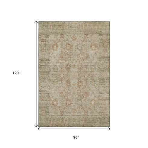 8' X 10' Beige And Coral Oriental Washable Area Rug With UV Protection