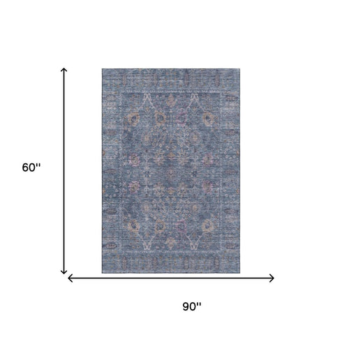 5' X 8' Blue And Brown Oriental Washable Area Rug With UV Protection