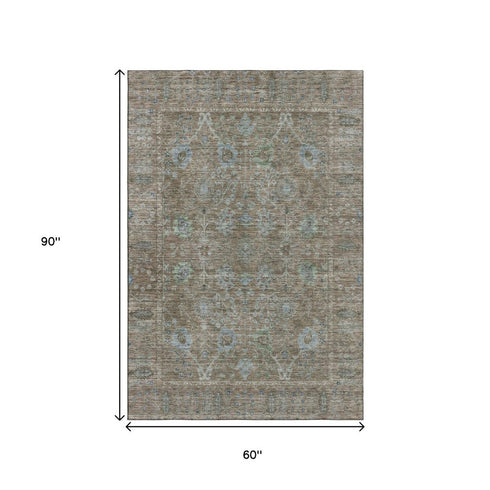 5' X 8' Brown And Blue Oriental Washable Area Rug With UV Protection