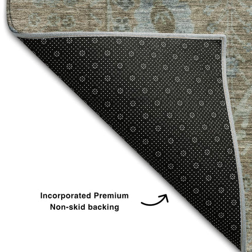 5' X 8' Brown And Blue Oriental Washable Area Rug With UV Protection
