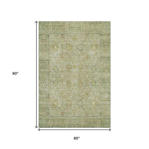 5' X 8' Sage Gray And Gold Oriental Washable Area Rug With UV Protection