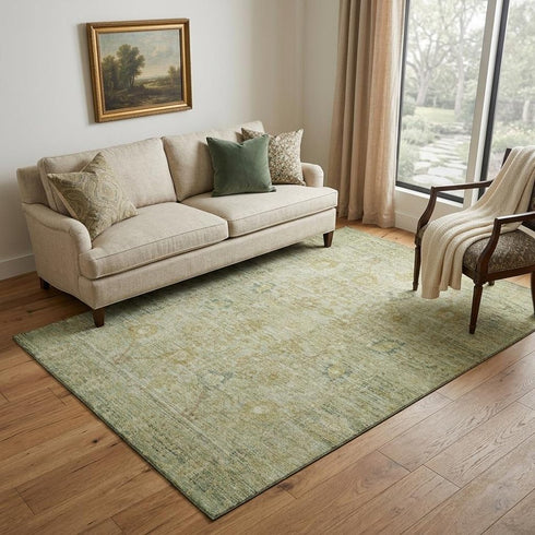 5' X 8' Sage Gray And Gold Oriental Washable Area Rug With UV Protection