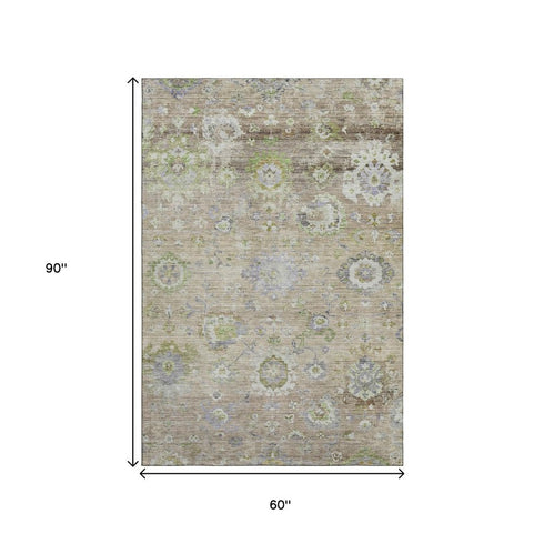5' X 8' Beige Green And Blue Floral Washable Area Rug With UV Protection