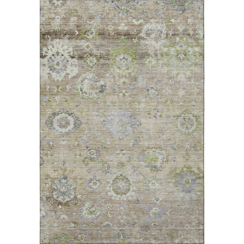 5' X 8' Beige Green And Blue Floral Washable Area Rug With UV Protection