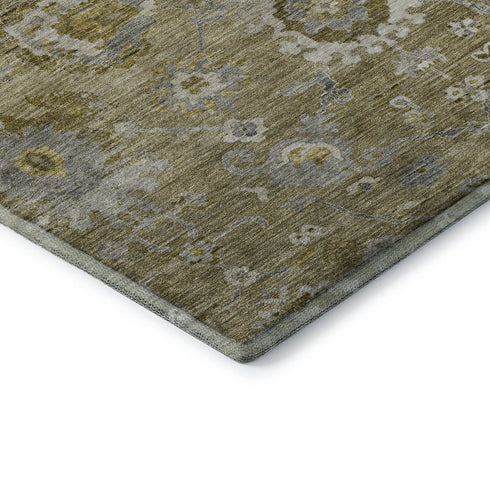 5' X 8' Brown Gray And Gold Floral Washable Area Rug With UV Protection