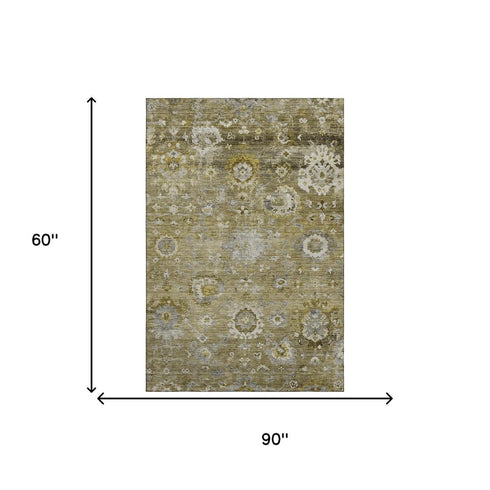5' X 8' Brown Gray And Gold Floral Washable Area Rug With UV Protection