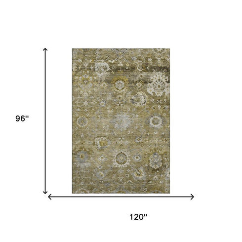 8' X 10' Brown Gray And Gold Floral Washable Area Rug With UV Protection
