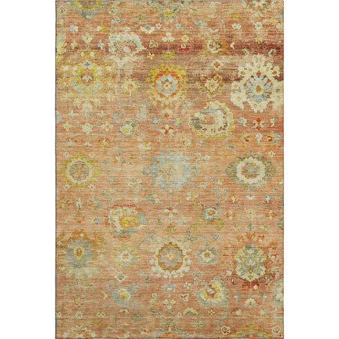 5' X 8' Coral Gold And Blue Floral Washable Area Rug With UV Protection