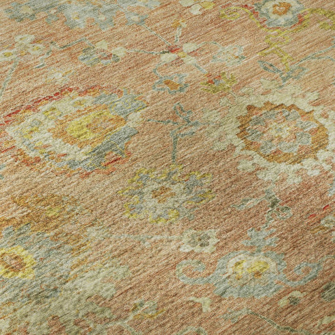 5' X 8' Coral Gold And Blue Floral Washable Area Rug With UV Protection