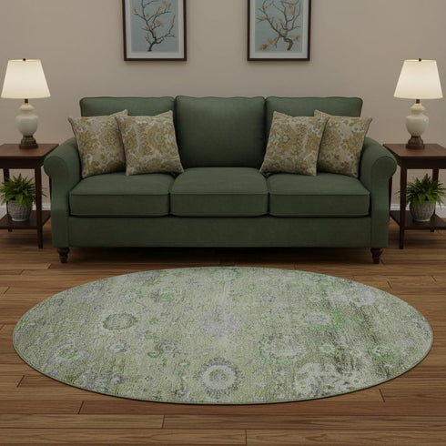 8' Mint Green Purple And Beige Floral Washable Round Rug With UV Protection