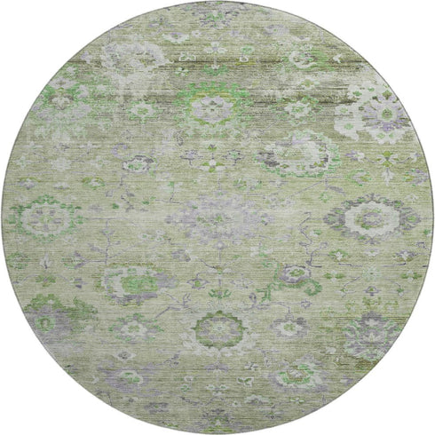 8' Mint Green Purple And Beige Floral Washable Round Rug With UV Protection