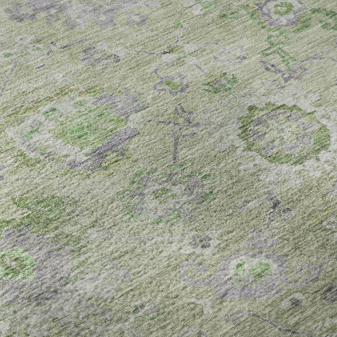 8' Mint Green Purple And Beige Floral Washable Round Rug With UV Protection