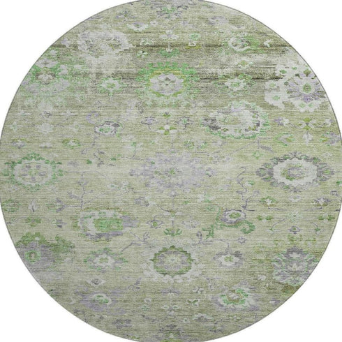8' Mint Green Purple And Beige Floral Washable Round Rug With UV Protection