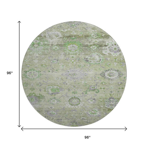 8' Mint Green Purple And Beige Floral Washable Round Rug With UV Protection