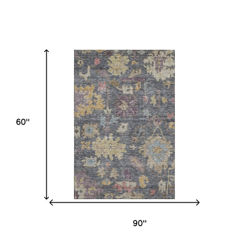 5' X 8' Blue Gold And Coral Floral Washable Area Rug With UV Protection