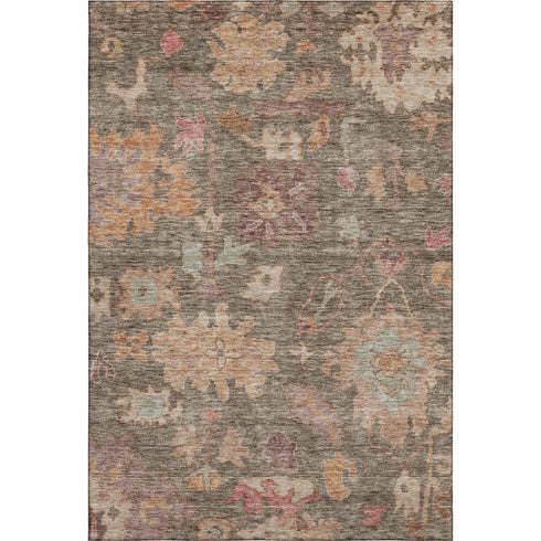 5' X 8' Brown Beige And Coral Floral Washable Area Rug With UV Protection