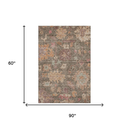 5' X 8' Brown Beige And Coral Floral Washable Area Rug With UV Protection