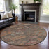 8' Brown Beige And Coral Floral Washable Round Rug With UV Protection