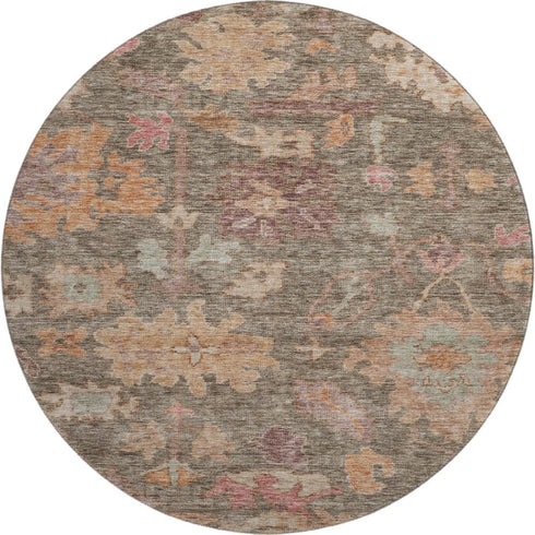8' Brown Beige And Coral Floral Washable Round Rug With UV Protection