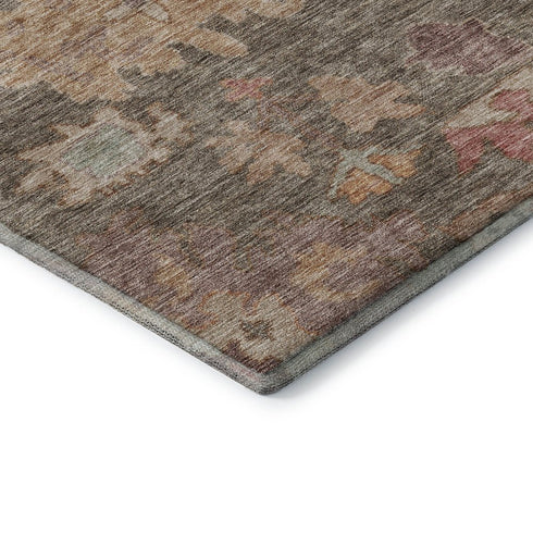 8' Brown Beige And Coral Floral Washable Round Rug With UV Protection