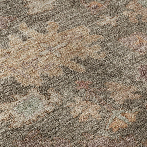 8' Brown Beige And Coral Floral Washable Round Rug With UV Protection