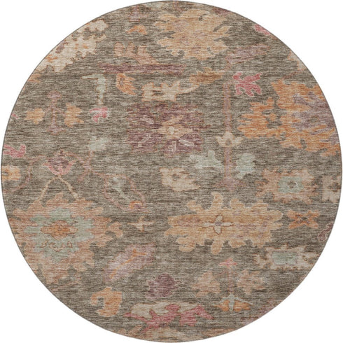 8' Brown Beige And Coral Floral Washable Round Rug With UV Protection