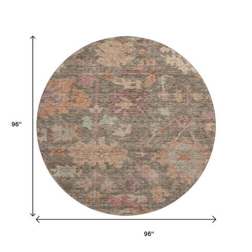 8' Brown Beige And Coral Floral Washable Round Rug With UV Protection