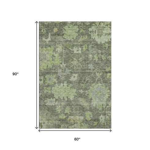5' X 8' Fern Green And Gray Floral Washable Area Rug With UV Protection