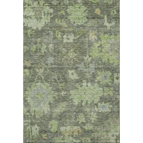 5' X 8' Fern Green And Gray Floral Washable Area Rug With UV Protection