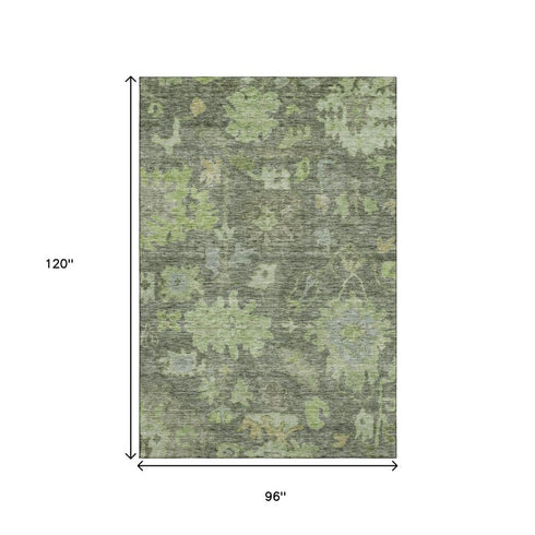 8' X 10' Fern Green And Gray Floral Washable Area Rug With UV Protection